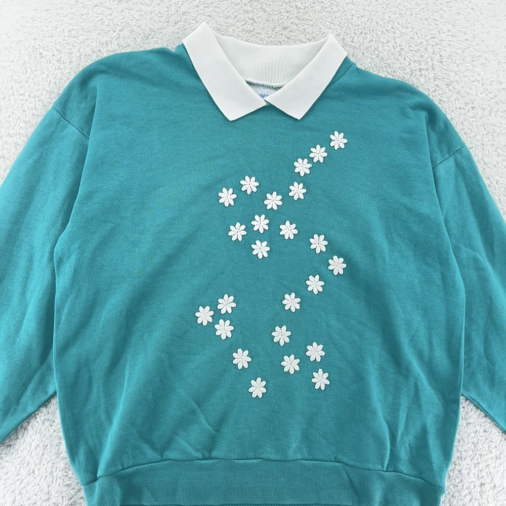 vtg Bold Spirit Sweater BOXY Medium Floral‎ Daisy Embroidered PulloverCollar